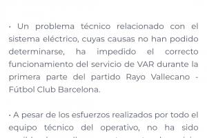 巴萨vs巴列卡诺VAR故障，供应商回应：因技术问题未能正常运行