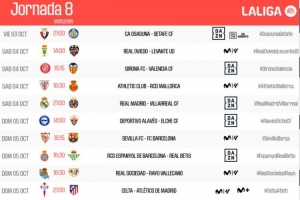 西甲官方公布联赛第8轮赛程：皇马10月5日03:00主场战黄潜